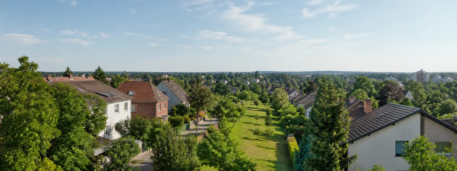 Deutsches Wohnviertel am Stadtrand mit offenem Horizont und Grünzug