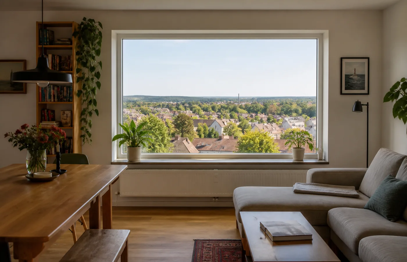 Heller Wohnraum mit weitem Blick über Dächer, Bäume und Himmel
